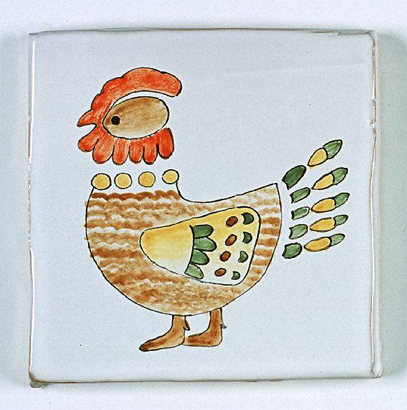 carreau décoré motif poule peint à la main - Salernes